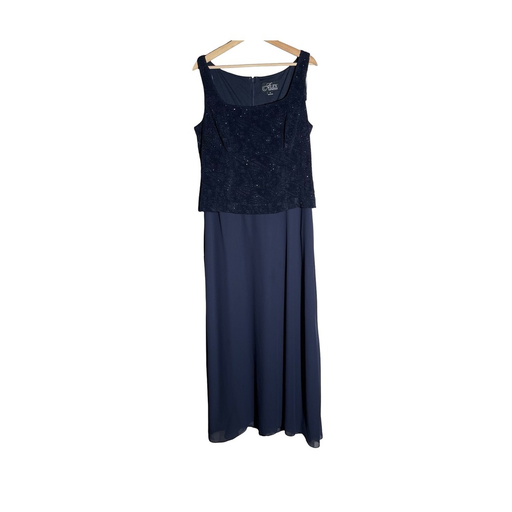 Alex Evenings Women's Navy Beaded Sleeveless Maxi Formal Dress Size 14
